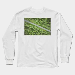 Empty road going diagonally through the forest top down aerial view Long Sleeve T-Shirt